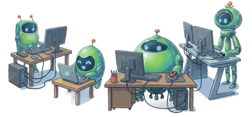 A group of robots work on a computers